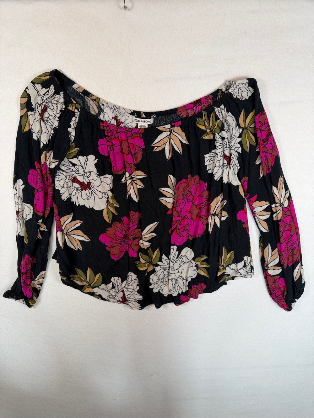 Billabong Black Floral Off-Shoulder Tunic with Fuchsia and Cream Blooms